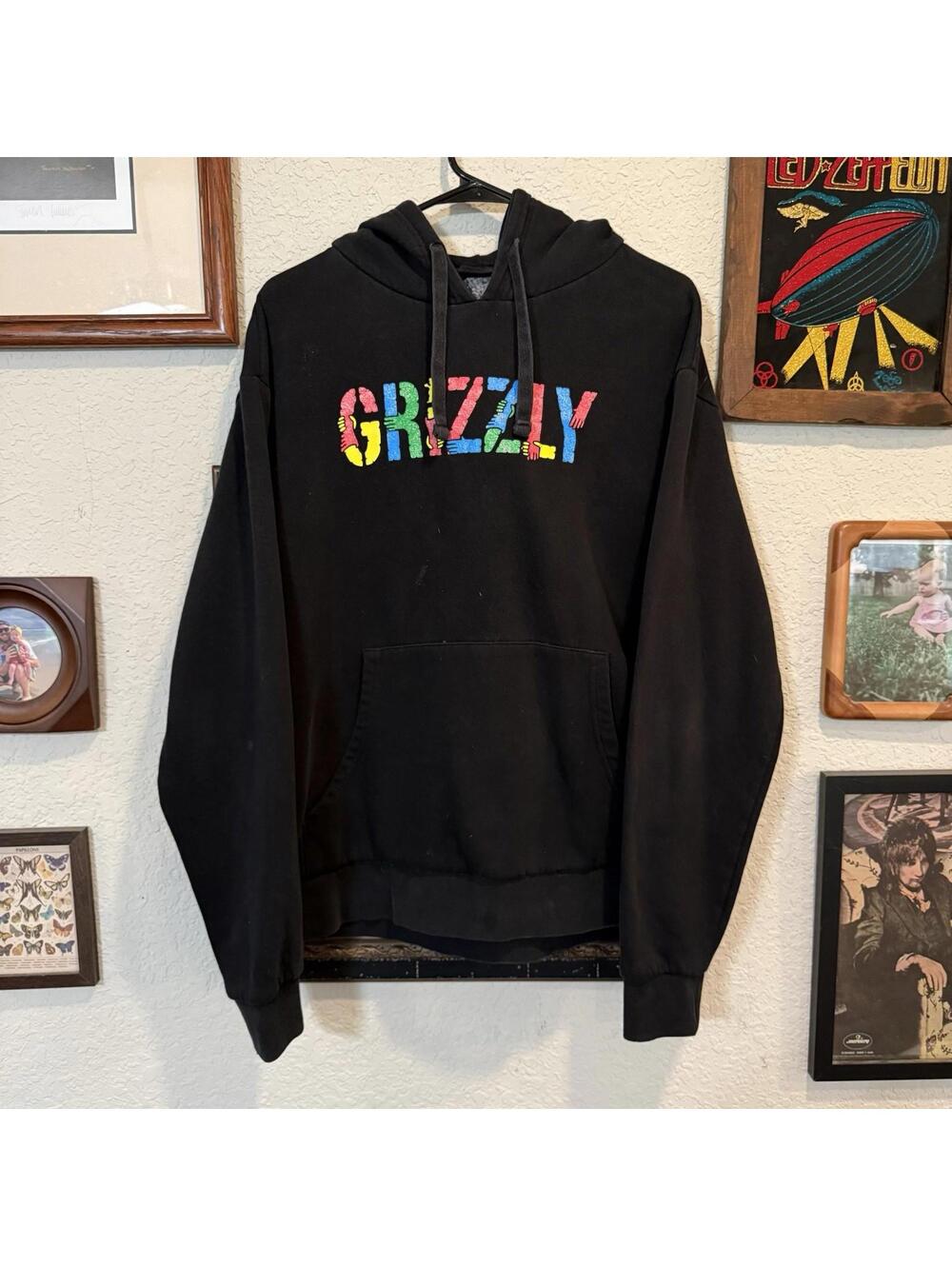 Vintage 00s RARE Grizzly Grip Skateboarding Hoodie Black Colorful Logo Sz Large